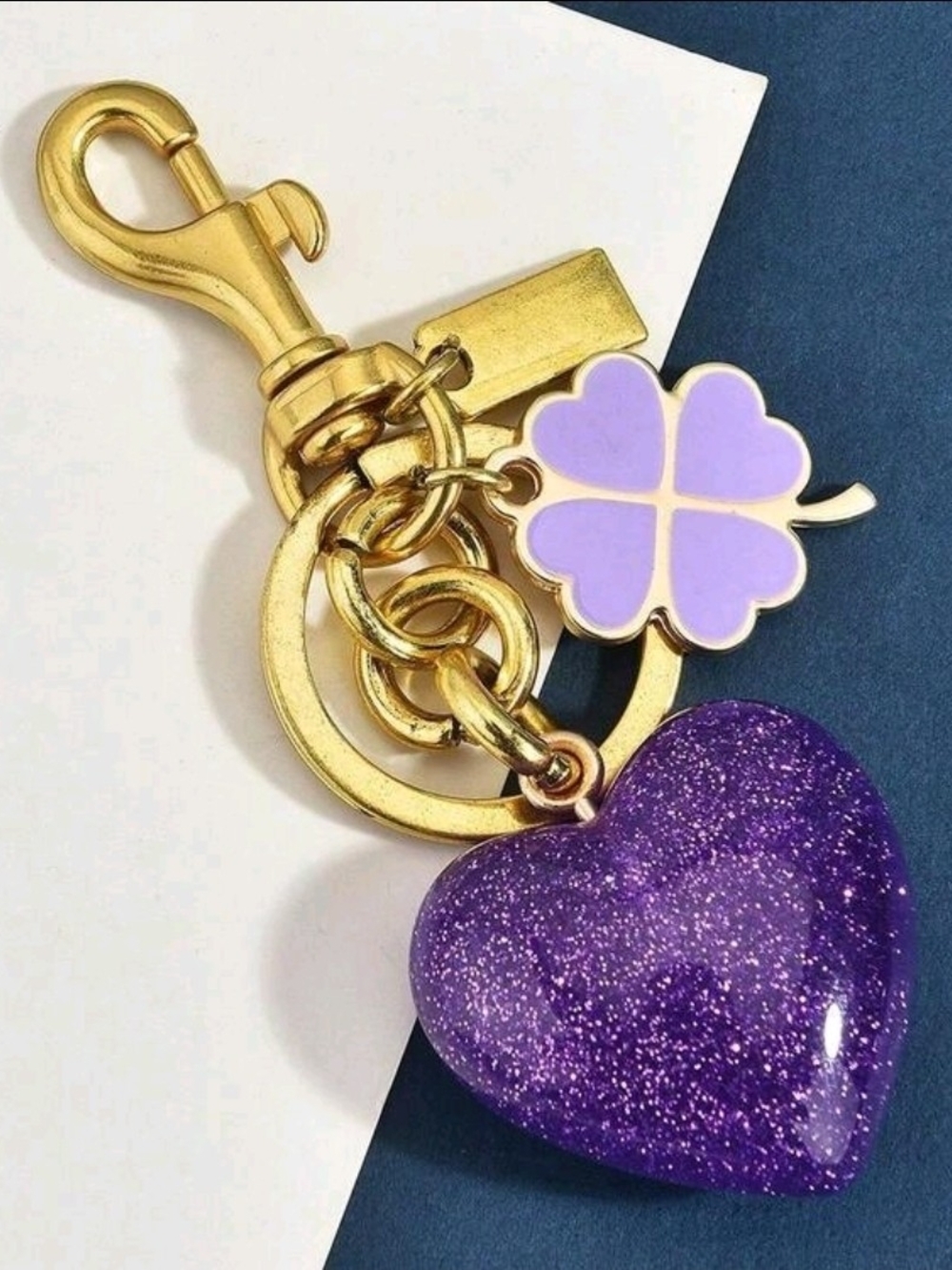 Gold-Tone Key & Card Holder with Purple Glitter Heart and Lilac Clover Charm